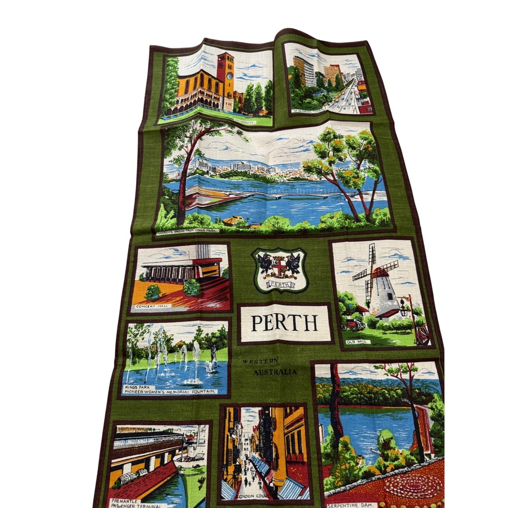 Heil Souvenir Tea Towel Green‎ Perth Western Australia Vintage Pure Linen